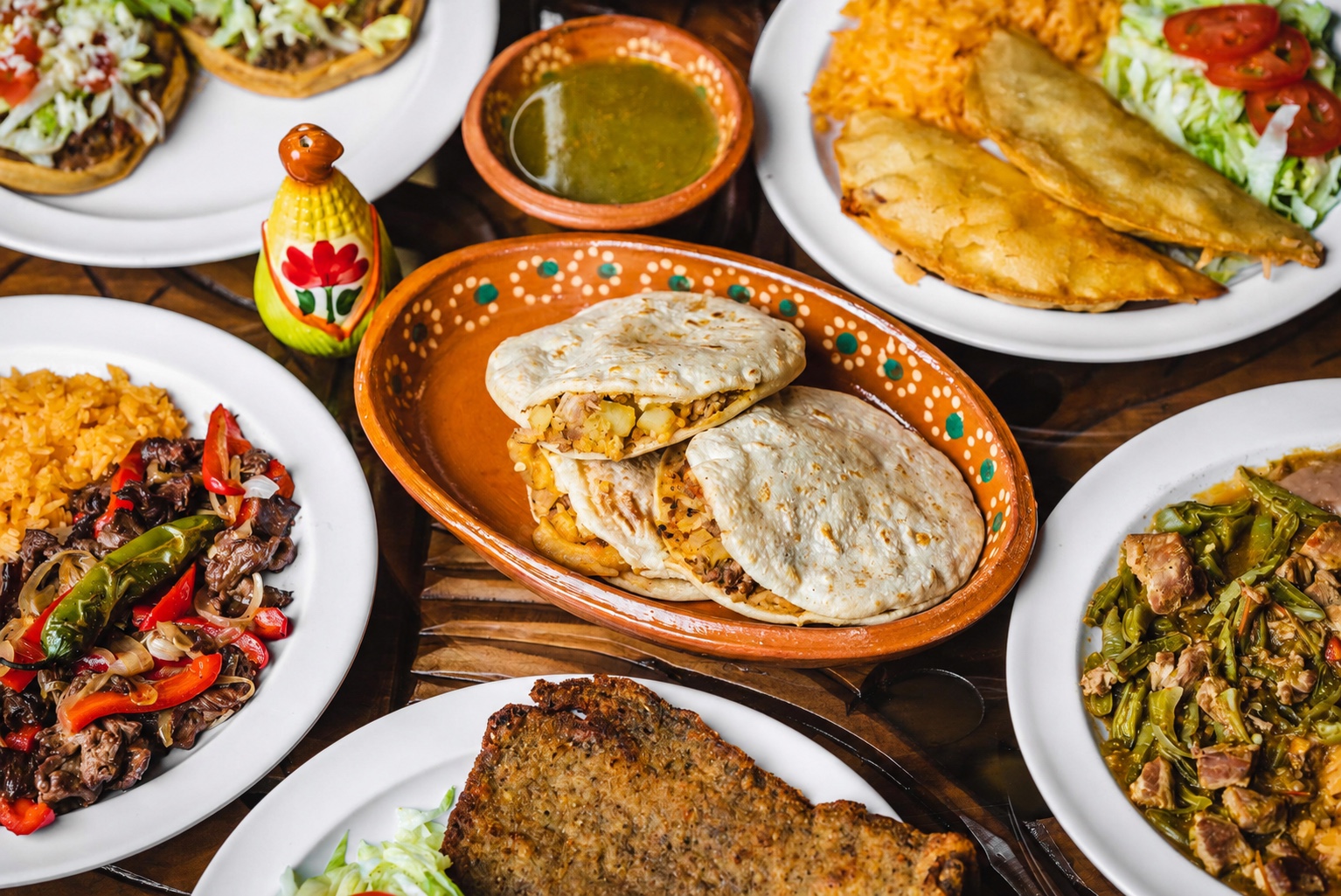 A spread of Mexican food from Tortilleria Rio